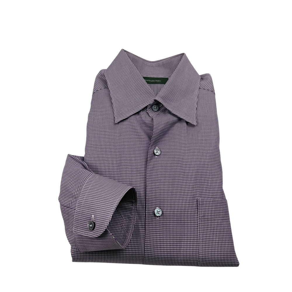 Ermenegildo Zegna Mens Purple Houndstooth Cotton Long Sleeve Button Up Shirt M